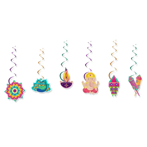 Diwali Party Hanging Swirls Multicolor Paper Mandala Peacock Diya Ganesha Lantern Ceiling Decor Indian Festival Home Party