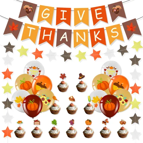 Thanksgiving Party Decoration Set Give Thanks Banner Latex Balloons Cupcake Toppers Hanging Swirls Harvest Theme Party Decor