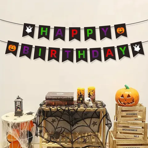 Halloween Party Ghost Pumpkin Happy Birthday Paper Banner Swallowtail Bunting For Haunted House Home Indoor Party Decorations