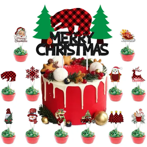 Christmas Buffalo Plaid Cake Topper Red Black Check Bear Merry Christmas Cupcake Insert Party Decoration Dessert Supplies