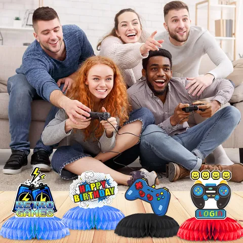 Video-Spiel-Thema Geburtstagsparty Waben-Tischdekoration Retro-Game-Controller Pixel-Stil Tischdeko Spieleabend