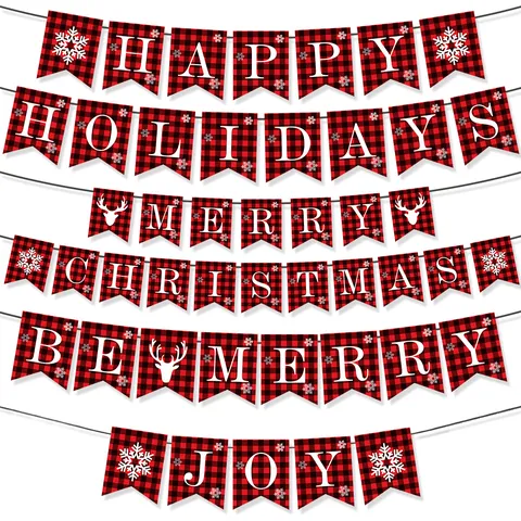 Χριστουγεννιάτικο Πανό Buffalo Plaid Κόκκινο Μαύρο Καρό Νιφάδα Χιονιού Τάρανδος Κρεμαστή Γιρλάντα για Διακόσμηση Τοίχου Πάρτι