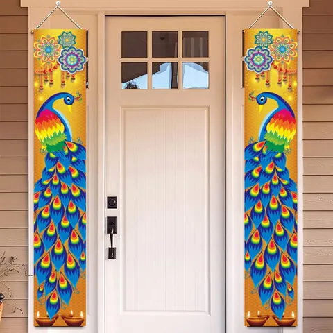 Happy Diwali Porch Sign Polyester Hanging Banners Indian Festival Peacock Mandala Pattern Outdoor Doorway Party Decoration