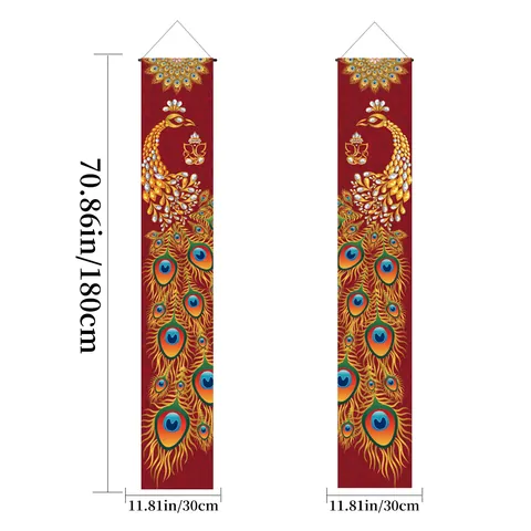 Happy Diwali Porch Sign Polyester Hanging Banners Indian Festival Peacock Mandala Pattern Outdoor Doorway Party Decoration