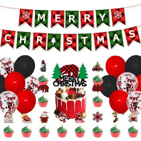 Buffalo Plaid Christmas Party Decoration Combination Merry Christmas Banner Cake Toppers Red Black Latex Balloons