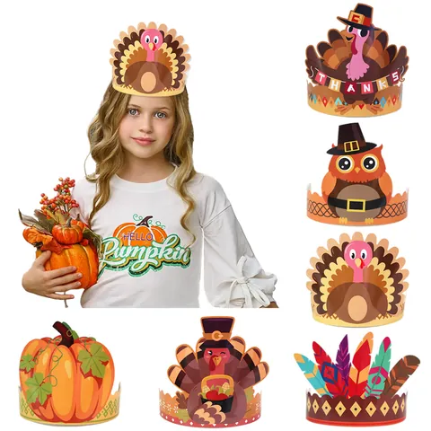 Thanksgiving Party Paper Crown Hats Turkey Pumpkin Owl Cartoon Decorations For Kids Harvest Festive Headband Supplies