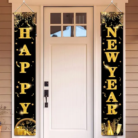 Happy New Year Merry Christmas Porch Banner Decorative Holiday Door Signs 100D Polyester Hanging Banners For Home Party Decor