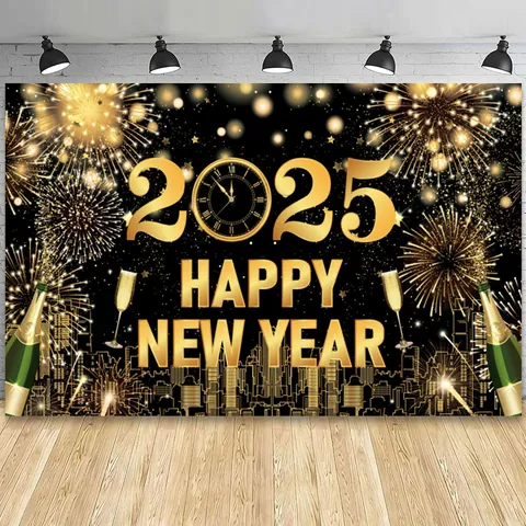 Happy New Year 2025 Backdrop Banner Fireworks Champagne Photography Background Polyester Party Decorations For Indoor Outdoor New Year's Eve