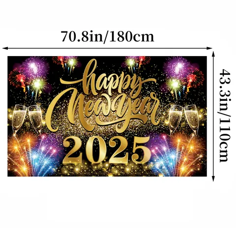 Happy New Year 2025 Backdrop Banner Fireworks Champagne Photography Background Polyester Party Decorations For Indoor Outdoor New Year's Eve