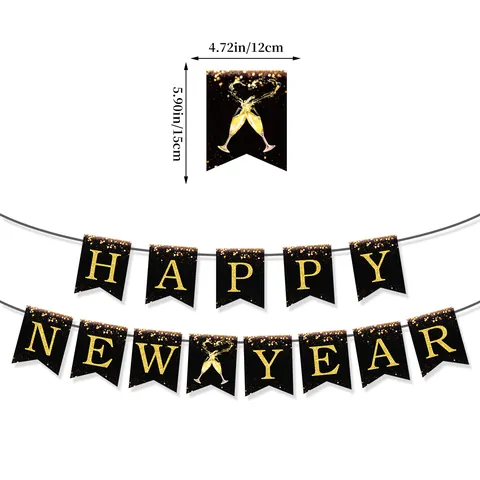 Happy New Year Banner Schwarz Gold Glitzer Papier Girlande Mit Champagnerglas Muster Für Neujahrsfeier Party Dekorationen