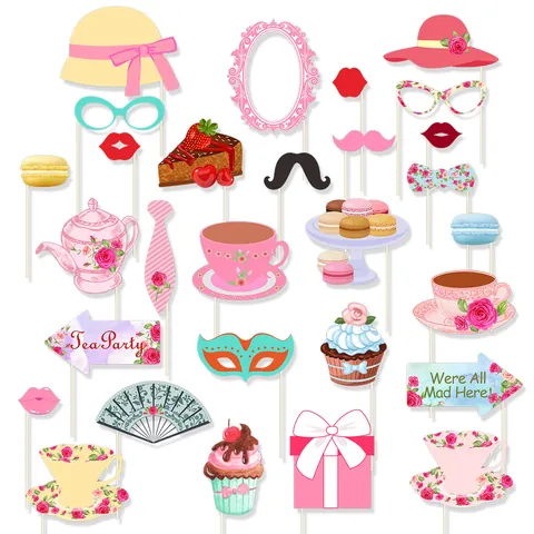 Alice Tea Party Photo Booth Props Floral Birthday Wedding Party Handheld Photography Decorations On Bamboo Sticks