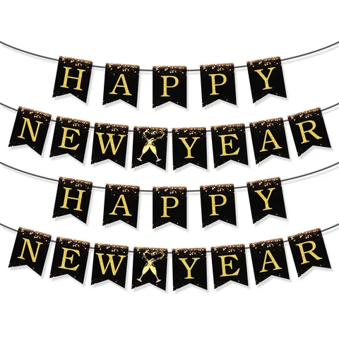 Happy New Year Banner Schwarz Gold Glitzer Papier Girlande Mit Champagnerglas Muster Für Neujahrsfeier Party Dekorationen