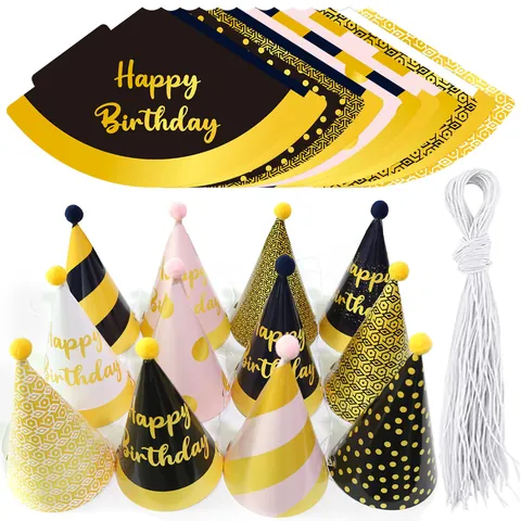 Alles Gute Zum Geburtstag Papierkegel Partyhüte Mit Pompons Gold Rosa Punkte Streifen Feier Dekorative Hüte Für Kinder Erwachsene