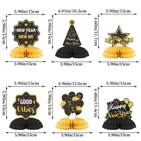 New Year Honeycomb Centerpieces Black Gold Glitter Paper Star Balloon Party Hat Desktop Ornaments For Celebration Party Decorations