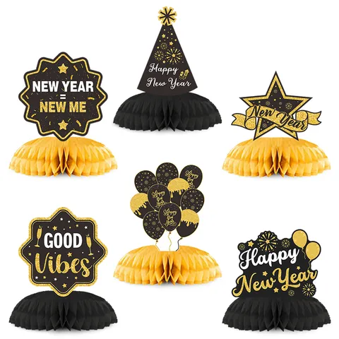 New Year Honeycomb Centerpieces Black Gold Glitter Paper Star Balloon Party Hat Desktop Ornaments For Celebration Party Decorations