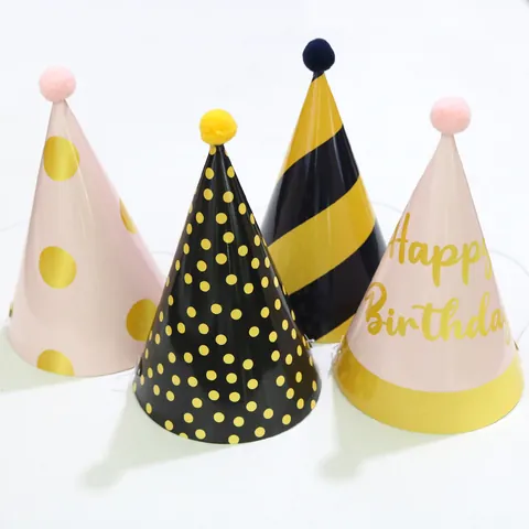 Alles Gute Zum Geburtstag Papierkegel Partyhüte Mit Pompons Gold Rosa Punkte Streifen Feier Dekorative Hüte Für Kinder Erwachsene