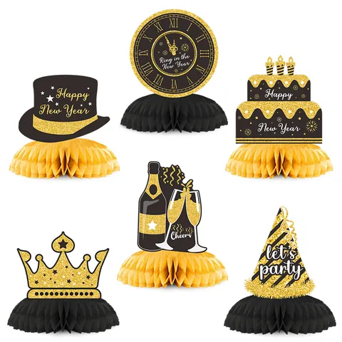 Centres de Table Alvéolés Nouvel An Ensemble Noir Or Papier Décorations de Table Happy New Year Horloge Couronne Décor