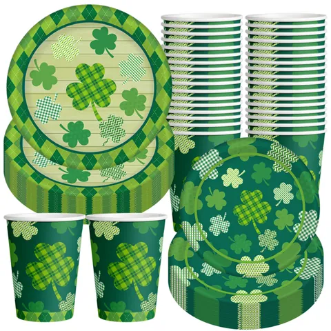 St Patrick's Day Disposable Tableware Set Shamrock Green Paper Plates Cups Plastic Cutlery For Irish Festival Party Decoration