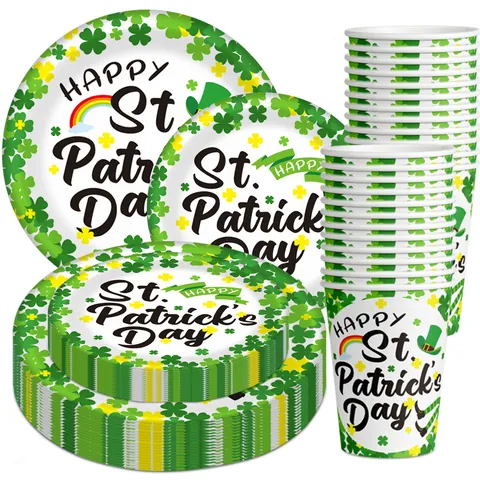 Set di Stoviglie Usa e Getta San Patrizio Piatti di Carta a Trifoglio Verde Bicchieri Coltelli Forchette Cucchiai in Plastica
