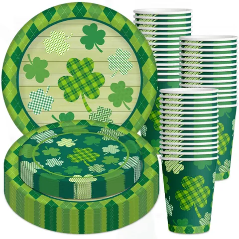 St Patrick's Day Disposable Tableware Set Shamrock Green Paper Plates Cups Plastic Cutlery For Irish Festival Party Decoration