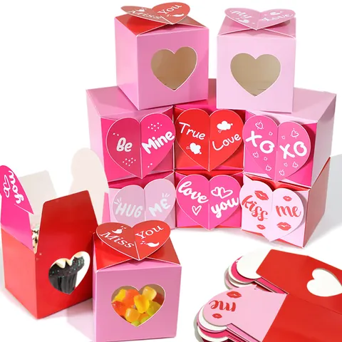 Valentine Heart Paper Candy Gift Boxes With Window Romantic Love Heart Fold Lid For Wedding Party Treats Packaging