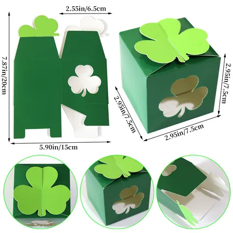 Boîtes Cadeaux de Bonbons au Trèfle Vert de la Saint-Patrick Boîtes à Friandises en Papier avec Fenêtre et Décoration