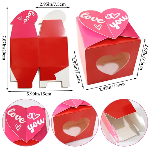 Valentine Heart Paper Candy Gift Boxes With Window Romantic Love Heart Fold Lid For Wedding Party Treats Packaging