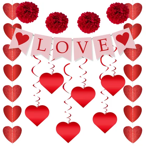 Valentine's Day Decor Set LOVE Banner Red Heart Paper Honeycomb Balls Metallic Spirals XOXO Garland Wedding Party Decor