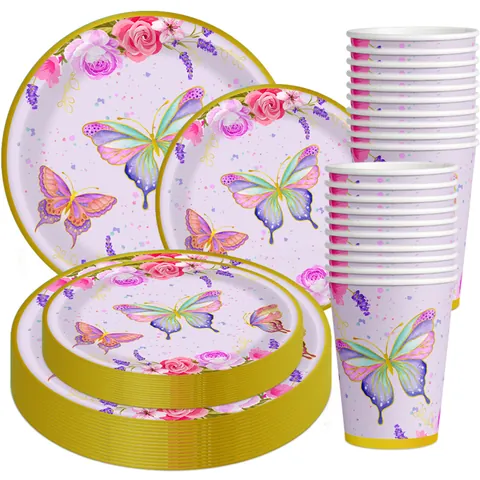 Ensemble de Vaisselle de Fête Motif Papillon Fleur Assiettes en Papier Violet Tasses Couteaux Fourchettes Cuillères en Plastique Or pour Anniversaire Mariage