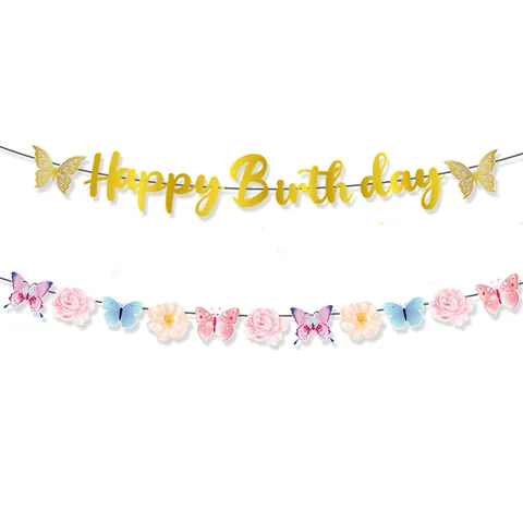 Schmetterling Geburtstag Banner Blumen Girlande Set Gold Happy Birthday Brief Banner Frühling Party Dekor Für Mädchen