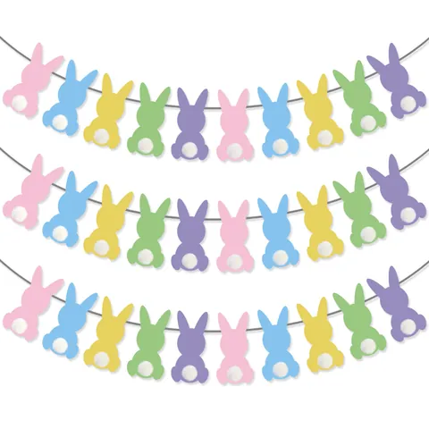 Easter Macaron Bunny Banner Garland With Pom Poms Colorful Rabbit Paper Bunting For Party Home Decoration Supplies Gift