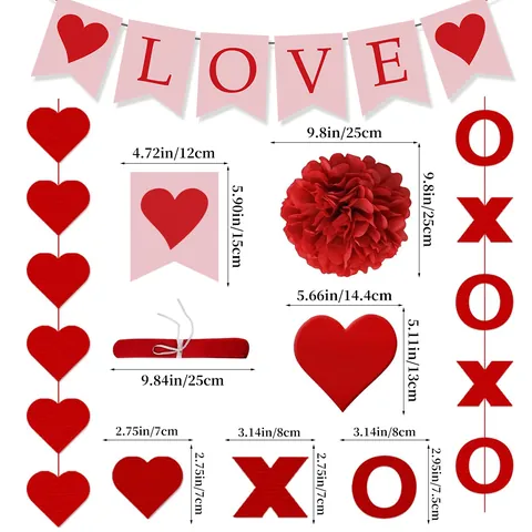 Valentine's Day Decor Set LOVE Banner Red Heart Paper Honeycomb Balls Metallic Spirals XOXO Garland Wedding Party Decor