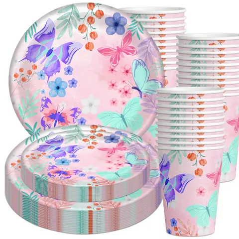 Ensemble de Vaisselle de Fête d'Anniversaire Papillon Floral Assiettes en Papier Rose Violet Gobelets Couverts en Plastique Enfants