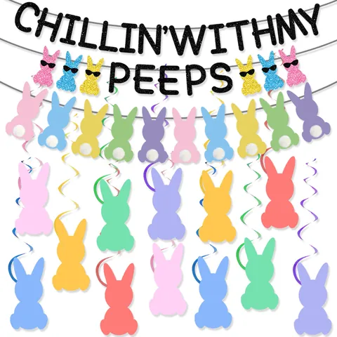 Easter Party Decoration Chillin With My Peeps Banner Colorful Glitter Rabbit Hanging Swirls Macaron Pom Pom Bunny Garland