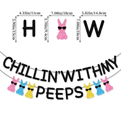 Easter Party Decoration Chillin With My Peeps Banner Colorful Glitter Rabbit Hanging Swirls Macaron Pom Pom Bunny Garland