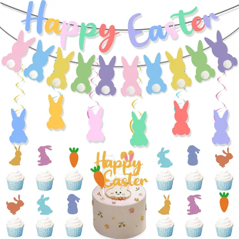 Πανό Happy Easter Γιρλάντα Κουνέλι Macaron Διακοσμητικά Σπιράλ Σετ Πολύχρωμα Μπαλόνια Λατέξ Διακοσμητικά Τούρτας