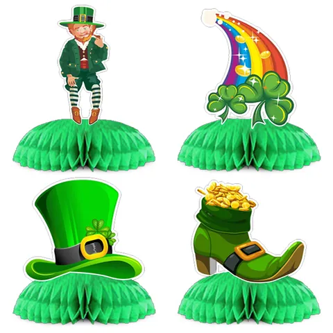 St. Patrick's Day Honingraat Tafeldecoratie Papier Klaver Groene Hoed Gouden Munt Laars Leprechaun Regenboog Feestversiering