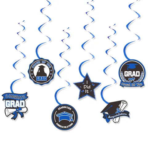 Decorazioni a Spirale Sospese Blu per Laurea in Carta PVC Tocco Diploma Stella Medaglia Design per Festa di Laurea