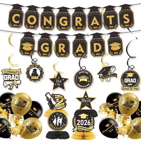 Black Gold Graduation Party Decorations Kit Congrats Grad Banner Graduation Cap Balloons Honeycomb Centerpieces Hanging Swirls For Ceremony Celebration