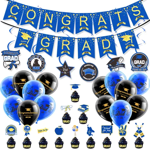 Blue Gold Graduation Decoration Collection Banners Balloons Toppers Congrats Grad Spiral Hanging Swirls For School Party Supplies