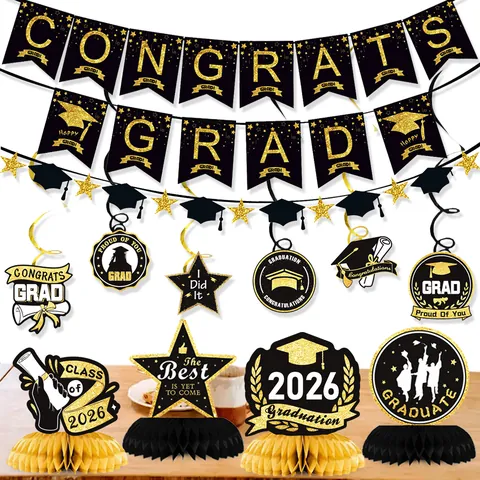 Set Decorazioni Festa Laurea Nero Oro Congrats Grad Banner Spirali Pendenti Centrotavola Nido Ape Palloncini Lattice Per Laureandi