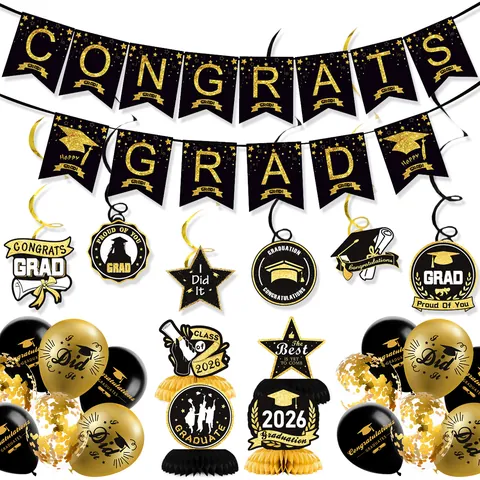 2026 Graduation Decoration Congrats Grad Banner Graduation Cap Swirls Balloons Cupcake Topper Honeycomb Centerpiece Black Gold Party Supplies