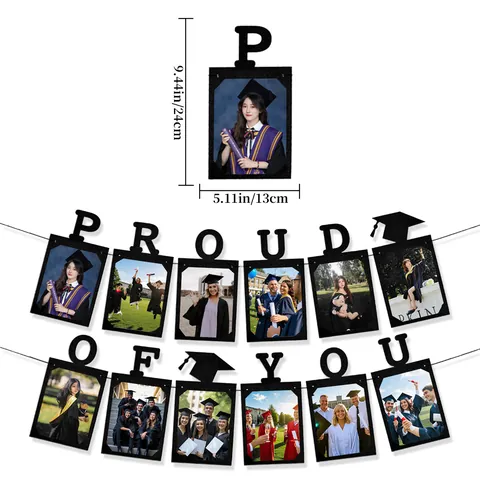 Proud Of You Graduation Photo Frame Banner Glitter Black Cardstock Doctoral Cap Hanging Garland For Graduation Ceremony Party Decorations
