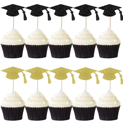 Glitter Graduation Cap Cupcake Toppers Paper Wood Mortarboard Cake Decorations For School Graduation Party Banquet Dessert Supplies