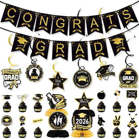Set Decorazioni Festa Laurea Nero Oro Congrats Grad Banner Spirali Pendenti Centrotavola Nido Ape Palloncini Lattice Per Laureandi