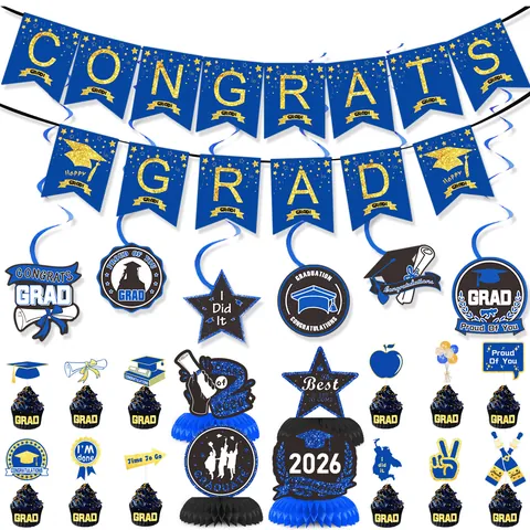 Set Decorazioni Festa Laurea 2026 Striscione Congrats Grad Blu Navy Oro Spirali Appese Centrotavola a Nido d'Ape Forniture