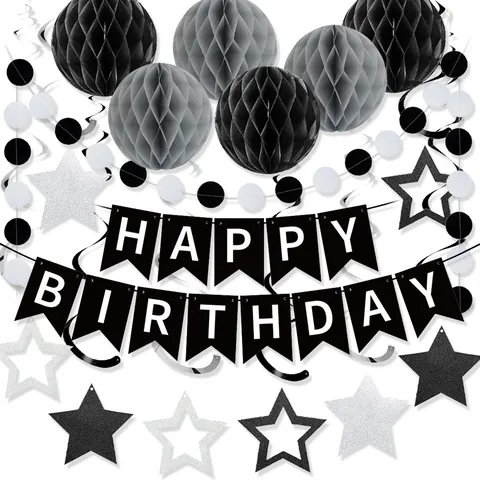 Black Gray Birthday Decorations Paper Honeycomb Balls Happy Birthday Banner Star Swirls Circle Garland For Home Party