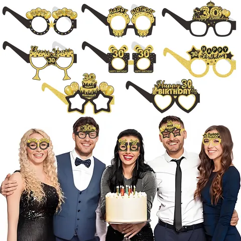 Birthday Party Glasses Photo Booth Props 18th 21st 30th 40th 50th 60th 70th 80th Paper Eyeglasses For Adults Black Gold Glitter