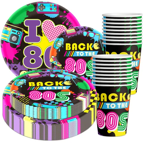 Decorazione per Festa di Compleanno a Tema Anni 80 Retro Piatti di Carta Bicchieri Coltello Forchetta Cucchiaio in Plastica