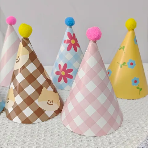 Kids Cartoon Birthday Party Hat Assortment Including Cone Hats And Crowns With Pom Poms For Baby Photoshoot Celebration Decoration